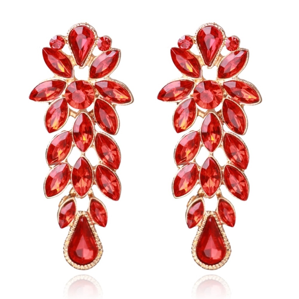 Large Red Rhinestone Crystal Drop Earrings
